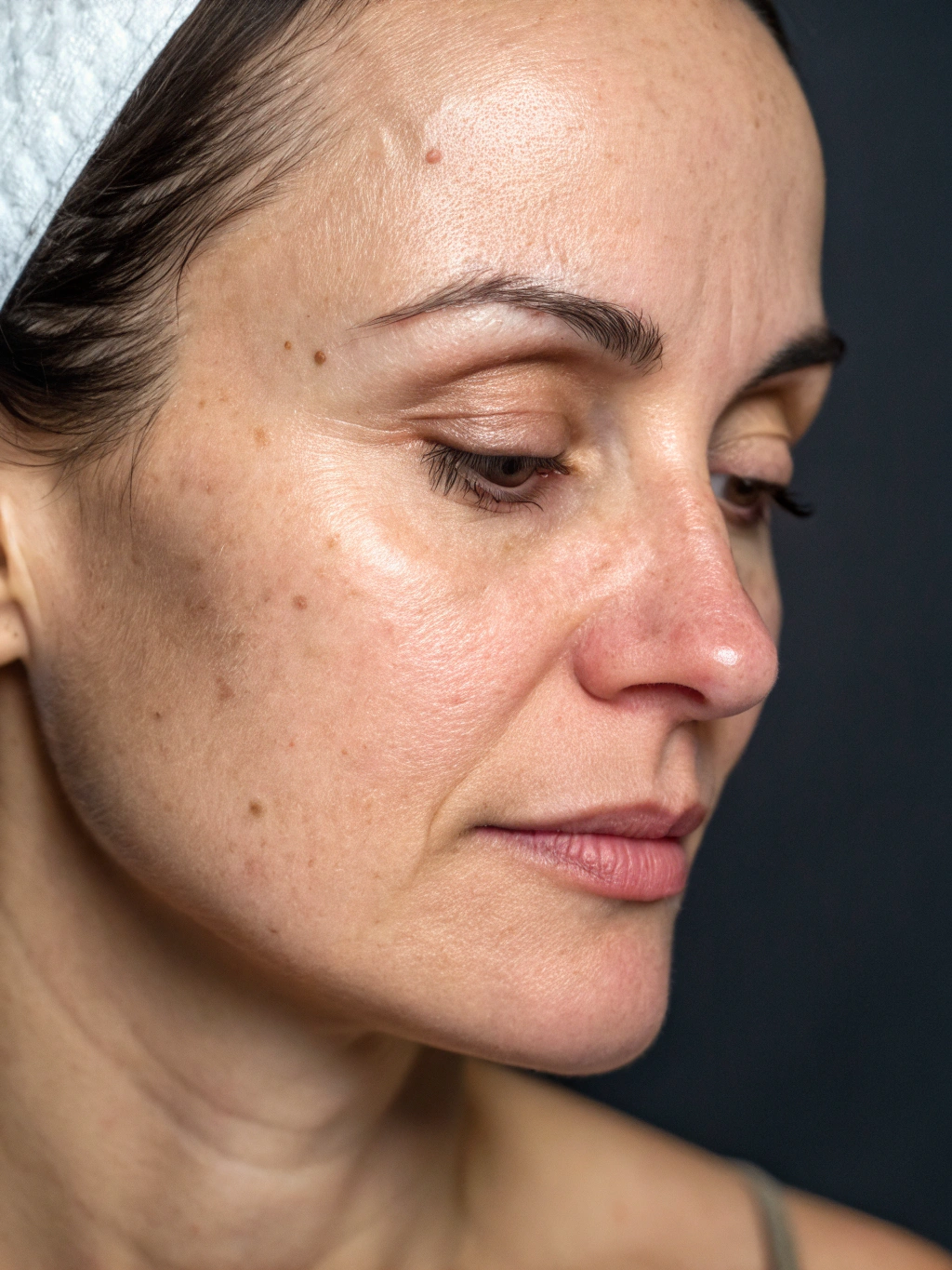 Client skin before treatment showing uneven tone and tiredness